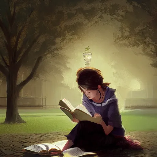 Image similar to a girl reading a book, city park, street lighting, greg rutkowski, digital painting