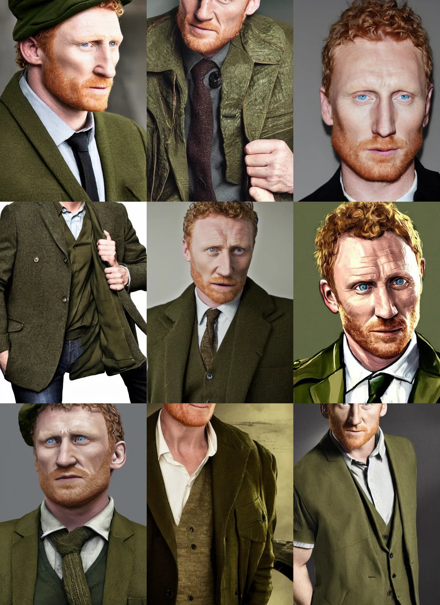 Prompt: portrait close - up kevin mckidd ciaran murphy, olive green flat cap and gilet suit, dark, gta v cover art!!