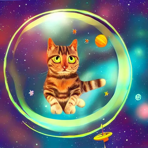 Image similar to cat swimming in space, digital art