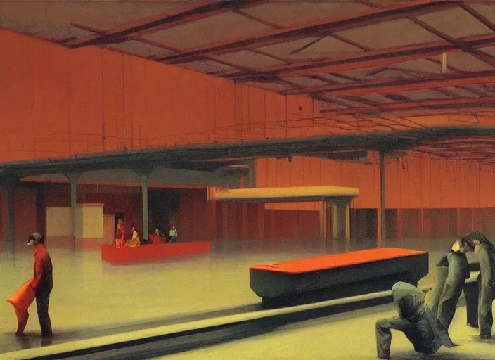 Prompt: conveyor belt with people in a flooded warehouse Edward Hopper and James Gilleard, Zdzislaw Beksinski, highly detailed