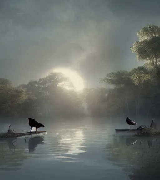 Image similar to three long legs crows in a little boat in a swamp, volumetric lighting, majestic light, octane render, ethereal glare of the sun, hyperrealistic, epic, masterpiece, by greg rutkowski