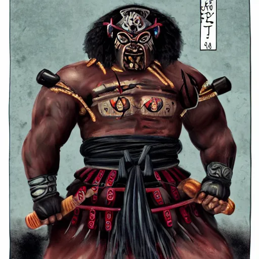 Image similar to big buff very strong very buff samurai wearing an oni mask, movie still