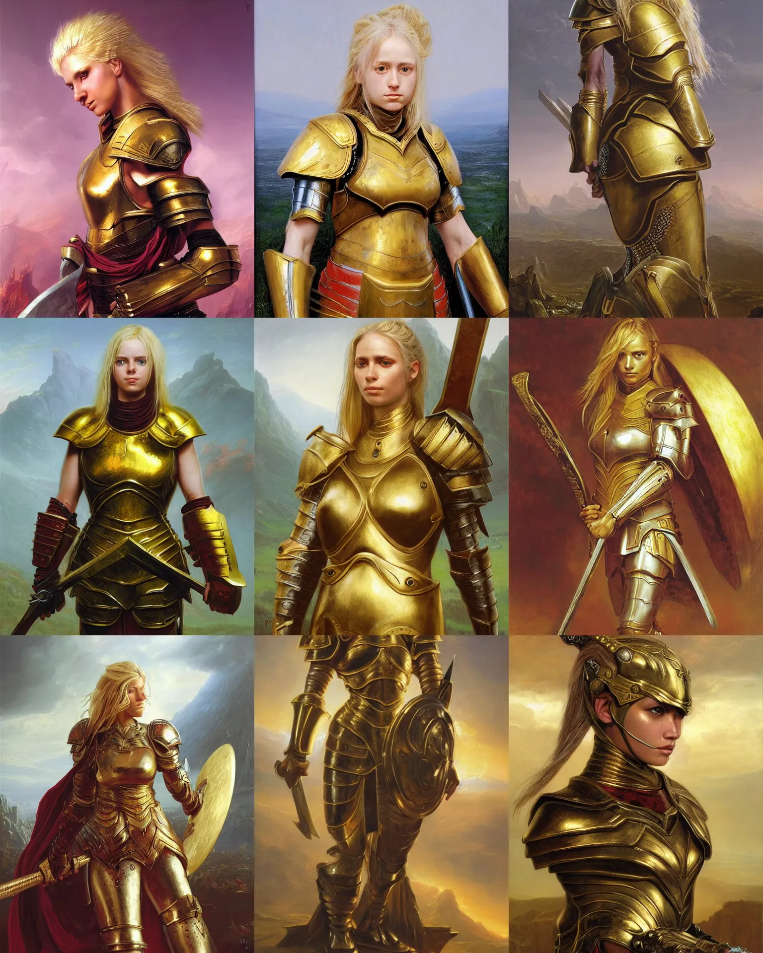 Prompt: beautiful female warrior, half body portrait, blond hair, heavy gold armour, realistic oil painting by Thomas Cole and Wayne Barlowe