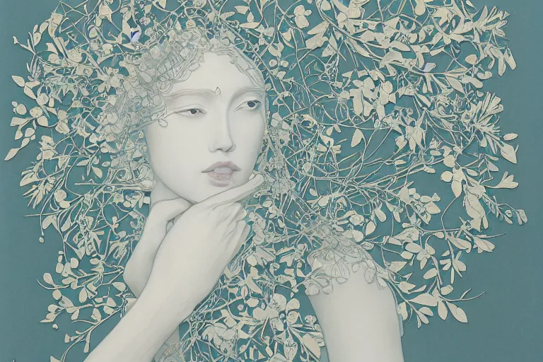 Image similar to woman portrait, goddess of greek mythology, orthodox saint, amalgamation of leaves and flowers. balenciaga, intricate complexity. matte paper, cut paper texture. by Jeffrey Catherine Jones, James jean, Miho Hirano, Hayao Miyazaki, coarse gritby. Full of light-blue and silver and white layers. Exquisite detail 8K