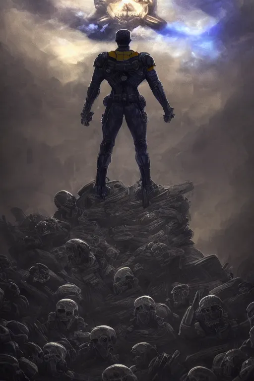 Image similar to a distant shot of a single super soldier with blue and yellow flag and standing alone on a huge pile of human skulls as a winner, masculine figure, D&D, fantasy, dark atmosphere, beam of lights through the clouds, intricate, elegant, highly detailed, extremely detailed, digital painting, artstation, concept art, matte, smooth, sharp focus, illustration, art by Artgerm and Greg Rutkowski and Alphonse Mucha