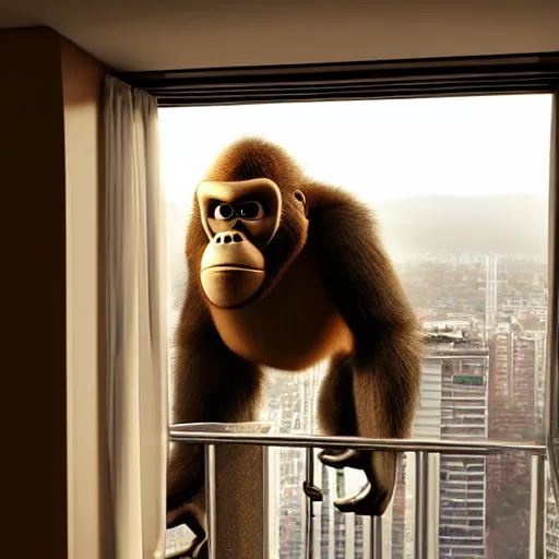 Prompt: king kong donkey kong peering in a high rise fancy apartment window, beautiful lighting action movie still from inside the apartment