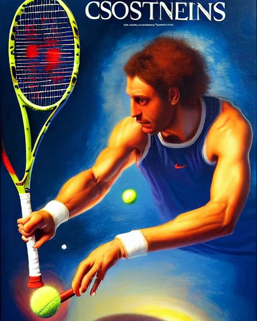 Image similar to cosmic tennis player serving a tennis ball in space, an oil painting, by ( leonardo da vinci ) and greg rutkowski and rafal olbinski, award - winning magazine cover