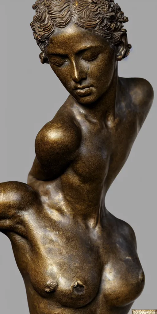 Prompt: detailed photo of an old bronze patina statue of mika kunis, full body portrait, various seducing pose, aphrodite, venus, photorealism, intricate detail, museum diffuse lighting
