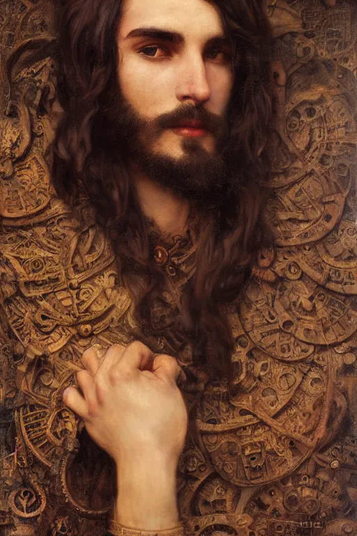 Prompt: attractive male, steampunk, cool tint, orientalist intricate portrait by john william waterhouse and edwin longsden long and theodore ralli and nasreddine dinet, hyper realism, dramatic lighting