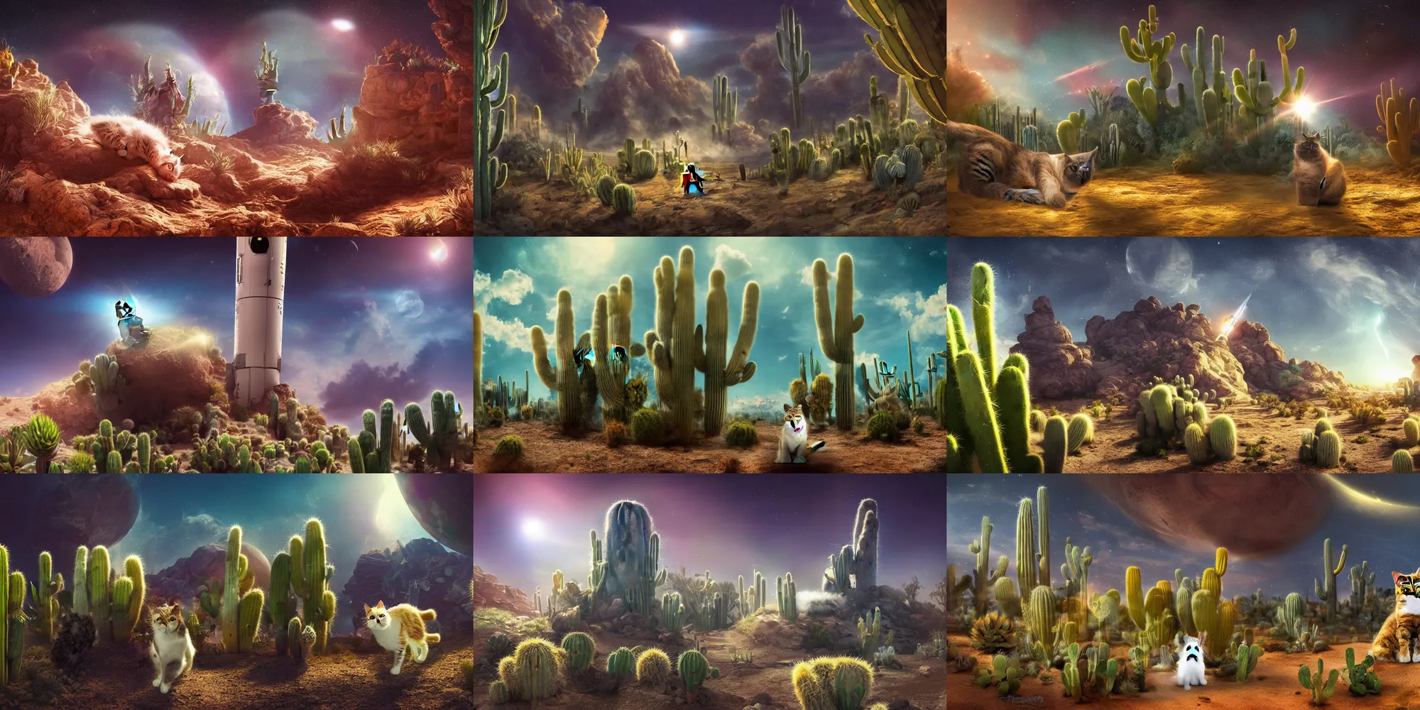 Prompt: A cat inside a rocket on a planet with a lot of cactuses, beautiful digital art, dramatic volumetric lighting, epic composition, high detail, 4K Ultra HD