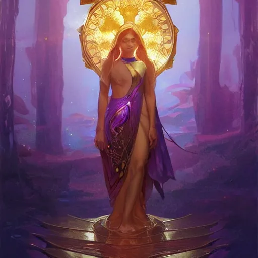 Prompt: a golden high-tech shield with a sacred tree, golden light, purple water, highly detailed, digital painting, artstation, concept art, smooth, sharp focus, illustration, art by artgerm and greg rutkowski and alphonse mucha