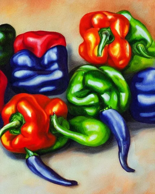 Image similar to peppers painted by Michael Godard, mustang