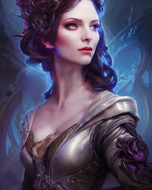 Prompt: daniel gerhartz and artgerm detailed portrait digital rococo painting of a beautiful villainess wearing fantasy clothing like liliana vess, hellscape in the background, embers, unreal engine, hyper realism, realistic shading, cinematic composition, blender render, octane render, hdr, detailed textures, photorealistic, ultrawide shot, 3 5 mm film