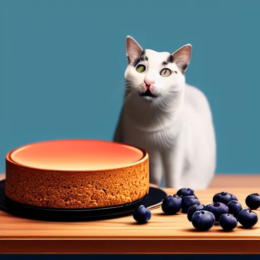 Prompt: a cat is standing near a blueberry cheesecake, chromatic aberration, medium level shot, illustration, concept art,