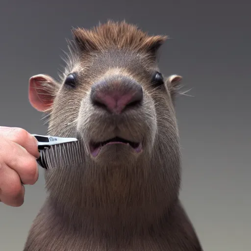 Prompt: a barber cutting the hair of a capybara, close - up shot, digital art, trending on artstation, matte painting