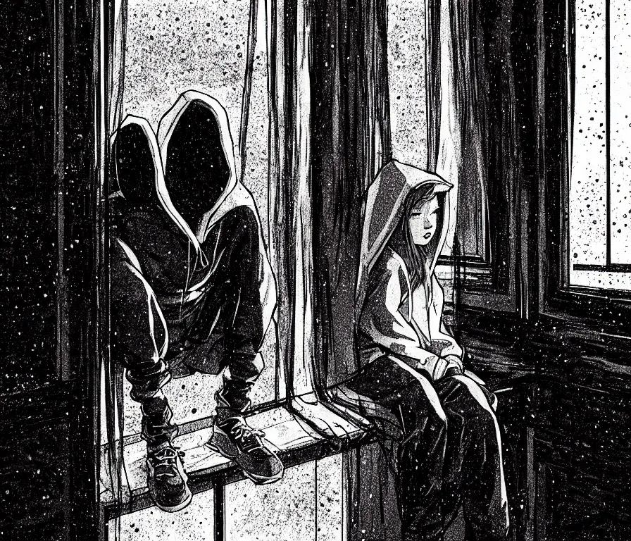 Image similar to sadie sink in hoodie sits on windowsill, knees tucked in | rain falls at night : storyboard, scifi cyberpunk. by gabriel hardman, chris bonura. cinematic atmosphere, detailed and intricate, perfect anatomy