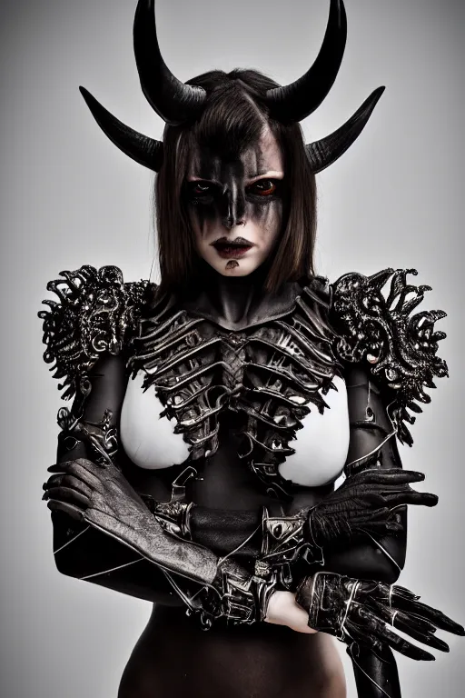 Image similar to a beautifull demon model, wearing organic bone armor, luxury materials, symmetrical, cinematic, elegant, professional studio light, real dlsr photography, sharp focus, 4 k, ultra hd, sense of awe, high fashion