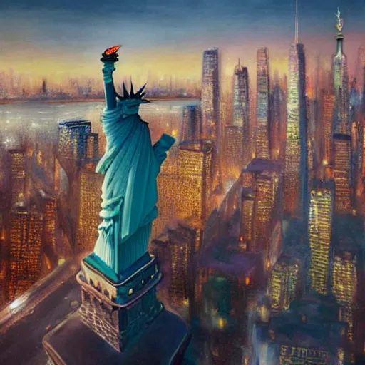 Image similar to a hyper realistic painting of man mixed with eagle standin on the statue of liberty, watching the colorful city with highly detailed skyline, sunset, majestic, wonderful, fantasy, by Greg Rutkowski, Trending on Artstation, digital art