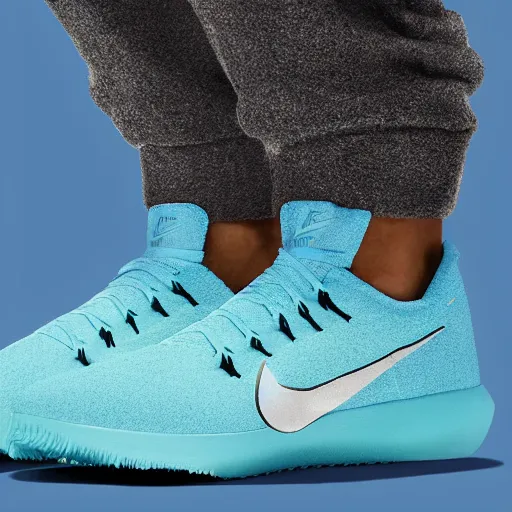 Image similar to poster nike shoe made of very fluffy cyan and black faux fur placed on reflective surface, professional advertising, overhead lighting, heavy detail, realistic by nate vanhook, mark miner