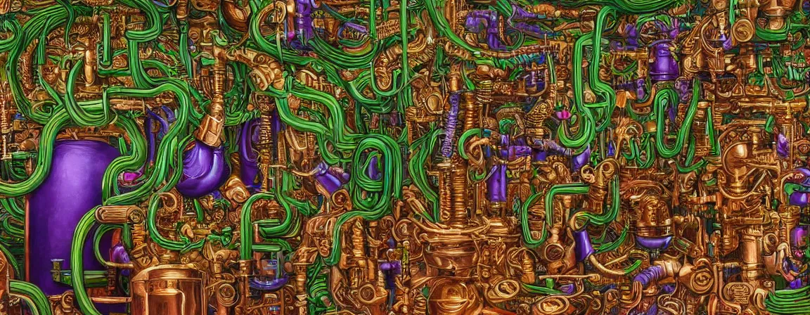 Image similar to a densely packed machine apparatus for making snake oil, huge copper machine with fine purple and green intricate pipework, art by jacek yerka, and ed roth, directed by denis villeneuve, cinematography by robby muller, fine detail, kodachrome 8 k, snake machine