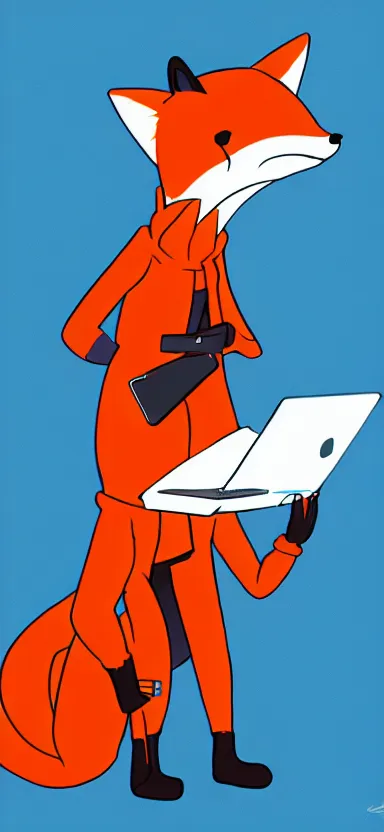 Image similar to a concept art of anthropomorphic fox in a blue hoodie hacking a portable computer, artstation, digital art, oc commission, style by studio trigger