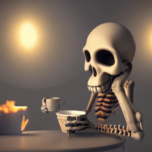 Prompt: smirking good goofy skeleton drinking tea. deep in a dark dungeon. realistic, ray tracing, render 3 d, artstation, masterpiece, hyper realism, sharp focus, dramatic ambient light, close up, cinematic, octane render, noir style