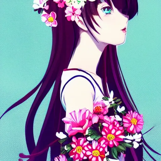 Image similar to little girl with flowers in hair wearing an white dress. black, red, white and pink color palette. art by ilya kuvshinov, profile picture, inspired in hirohiko araki, realistic, highly detailed, 8 0 s anime art style