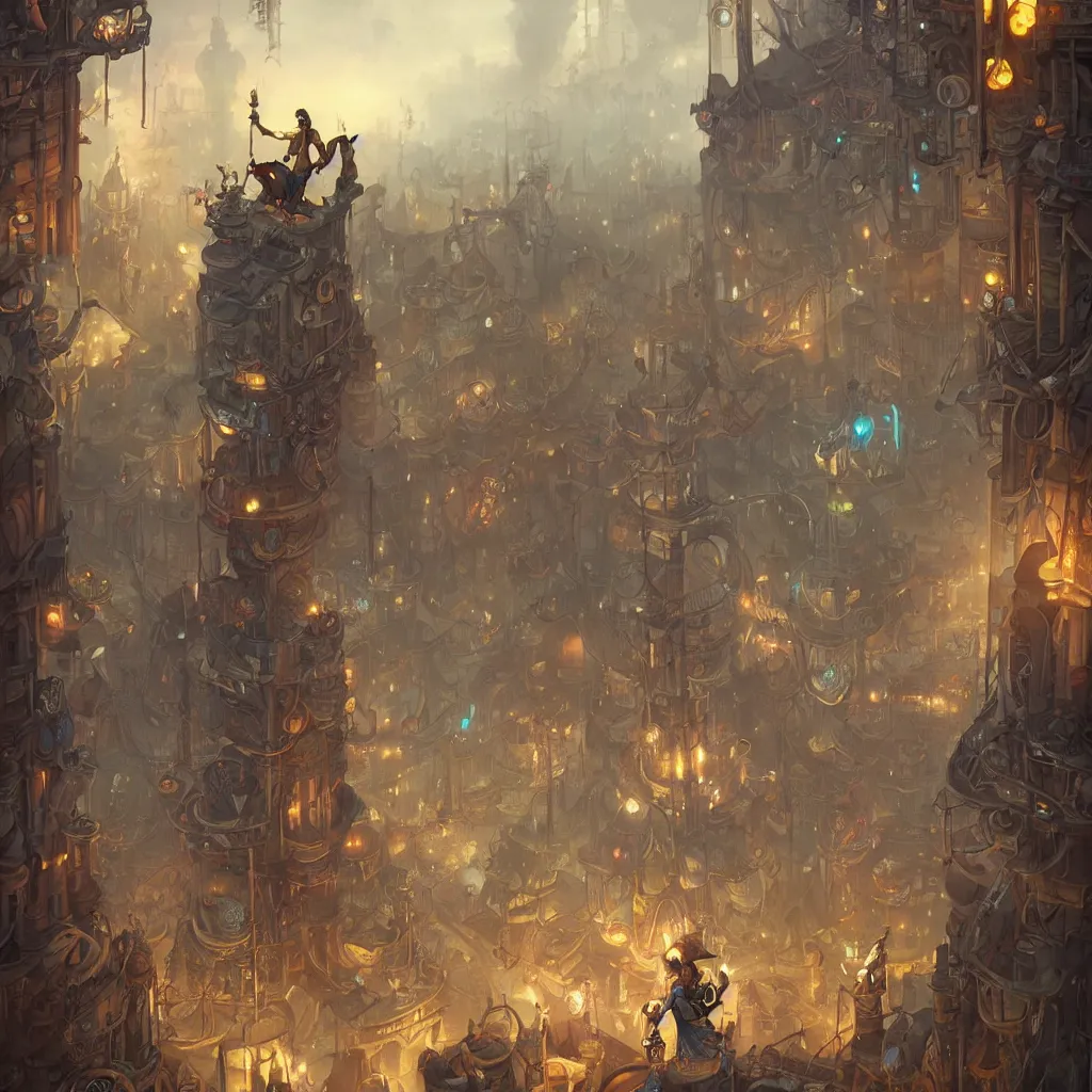 Image similar to tarot the fool standing in a steampunk city by peter mohrbacher and dan mumford and nekro, cgsociety, volumetric light, 3 d render