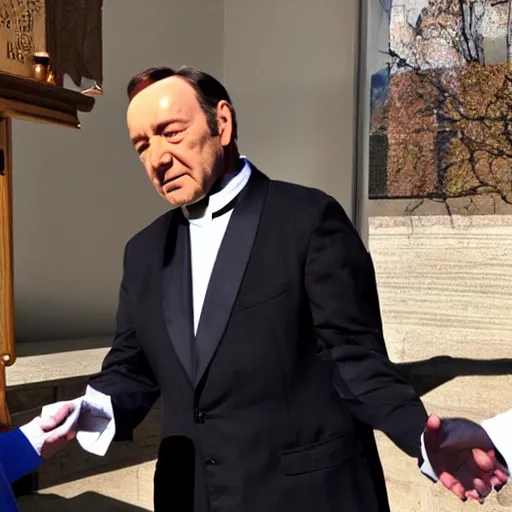 Image similar to kevin spacey dressed up as a catholic priest, giving out communion to people