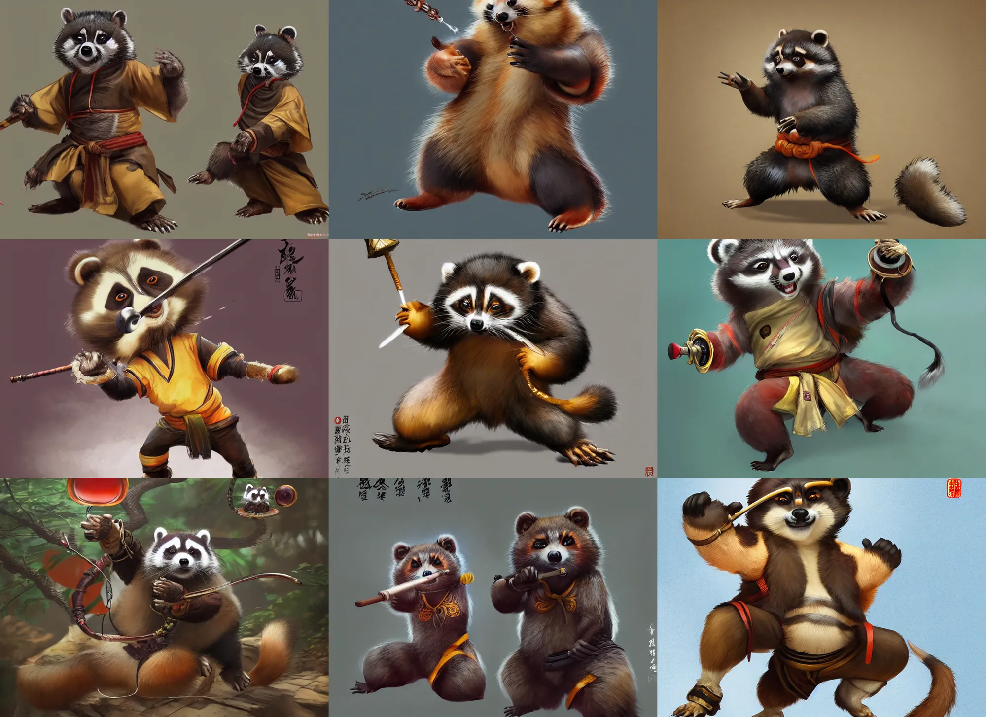 Prompt: detailed concept art of a chinese anthropomorphic raccoondog tanuki anthro kung fu character by patryk stefaniak, darek zabrocki artstation,