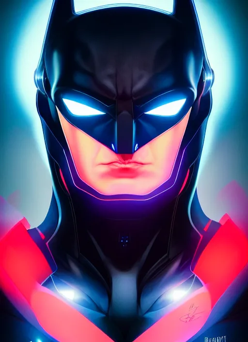 Image similar to symmetry!! portrait of batman beyond, sci - fi, tech wear, glowing lights!! intricate, elegant, highly detailed, digital painting, artstation, concept art, smooth, sharp focus, illustration, art by artgerm and greg rutkowski and alphonse mucha