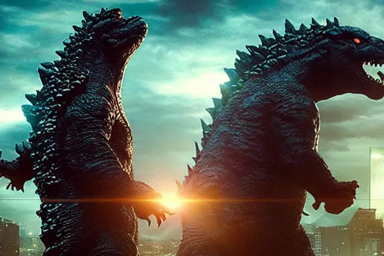 Prompt: two godzillas playing nintendo switch, cinematic, epic lighting, still shot from the new godzilla movie