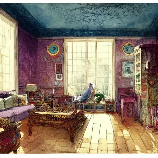 Image similar to a beautiful intricate watercolor illustration of a living room with playing cats, 4 k, ultra - wide angle, by william turner, by victo ngai, by moebius, by gustave dore, hd, trending on artstation, hyper detailed, muted intense colors