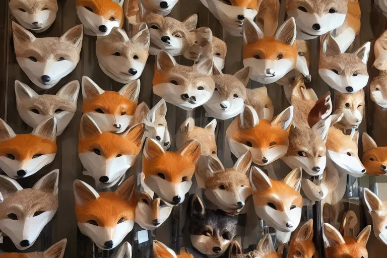 Image similar to Ceramic fox masks hanging in a museum