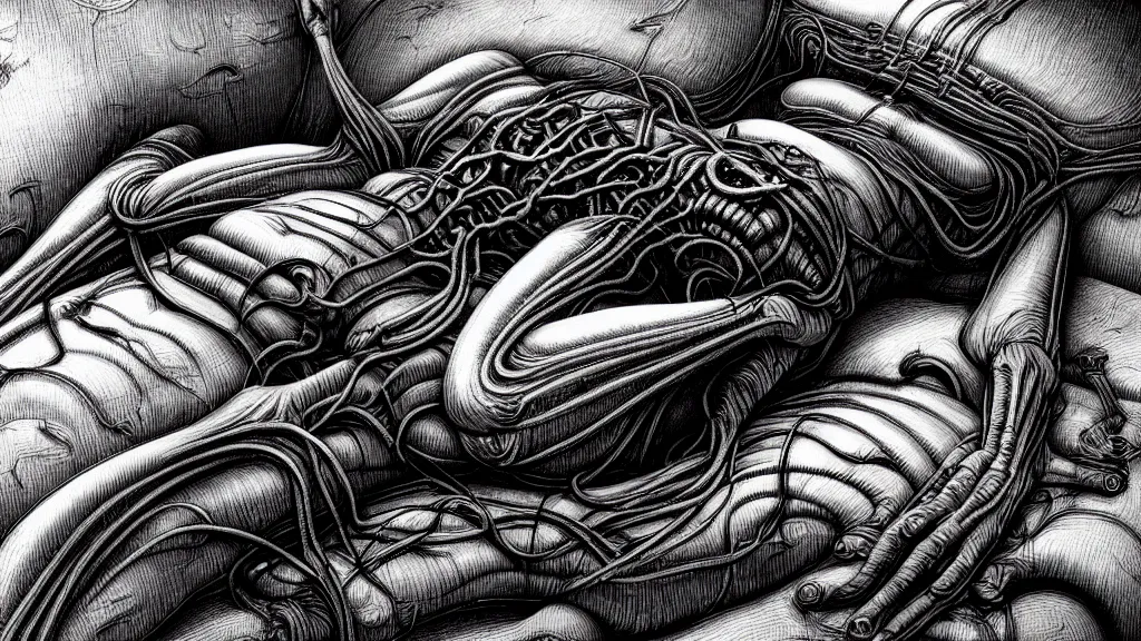 Image similar to comfortable bed that makes me want to sleep, hyperdetailed, artstation, cgsociety, nightmare fuel, style of Giger, H. R. GIGER, style of Junji Ito, 4K, highly detailed, minimalistic, minimalistic, minimalistic, fine tuned, machina