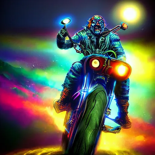 Image similar to psychedelic blacklight airbrush artwork, motorcycle, hyper stylized action shot of an orc biker riding a motorcycle, clear focused details, soft airbrushed artwork, black background, cgsociety, artstation