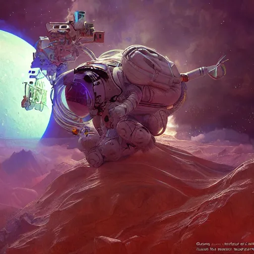 Image similar to futuristic astronaut falling through jovian clouds in jupiter, psychedelic cyberpunk art by cedric peyravernay, highly detailed, excellent composition, cinematic concept art, dramatic lighting, trending on artstation