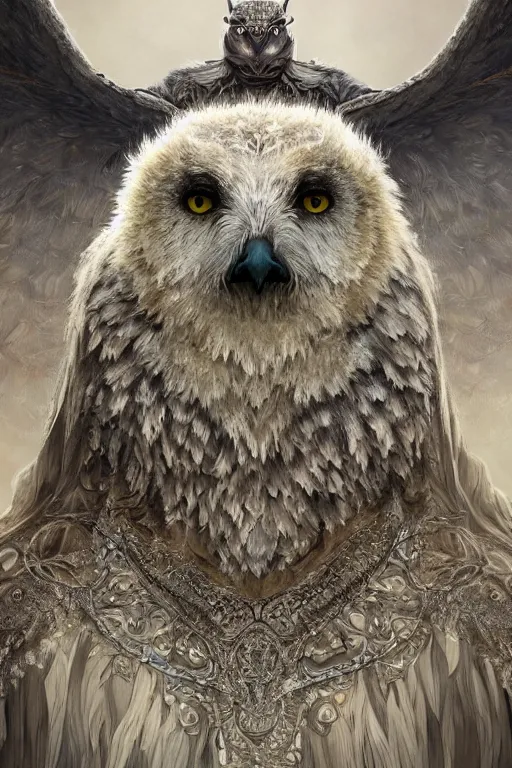 Image similar to a beautiful closeup shot from a fantasy film of a humanoid grey owlbear wearing a loose tunic. an anthropomorphic owlbear. fantasy, frown, intricate, elegant, highly detailed, digital painting, artstation, concept art, matte, sharp focus, illustration, art by artgerm and greg rutkowski and alphonse mucha