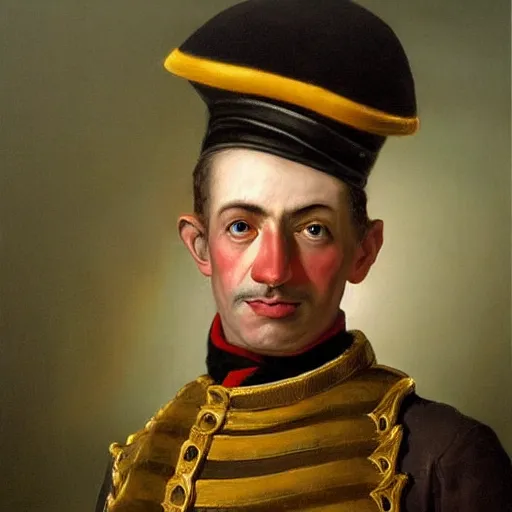 Image similar to a hyper realistic painting of an austrian soldier from 1 8 0 6 wearing a clown hat, ultra detail, realistic.