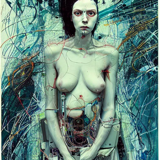 Prompt: a female cyberpunk cyberhacker, wires cybernetic implants, in the style of adrian ghenie esao andrews jenny saville surrealism dark art by james jean takato yamamoto and by ashley wood