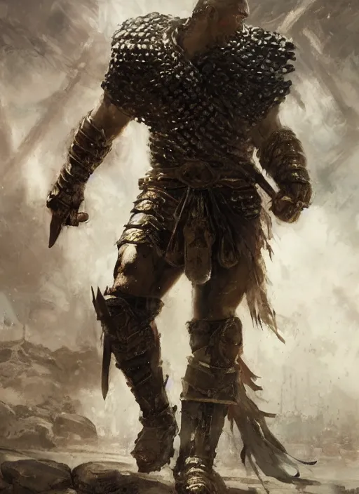 Image similar to ancient historically accurate depiction of the Bible Character Goliath of Gath, the Philistine warrior giant in ancient persian chainmail armor, dramatic lighting art by Yoji Shinkawa by Richard Schmid by greg rutkowski by Sandra Chevrier by Jeremy Lipking cinematic dramatic