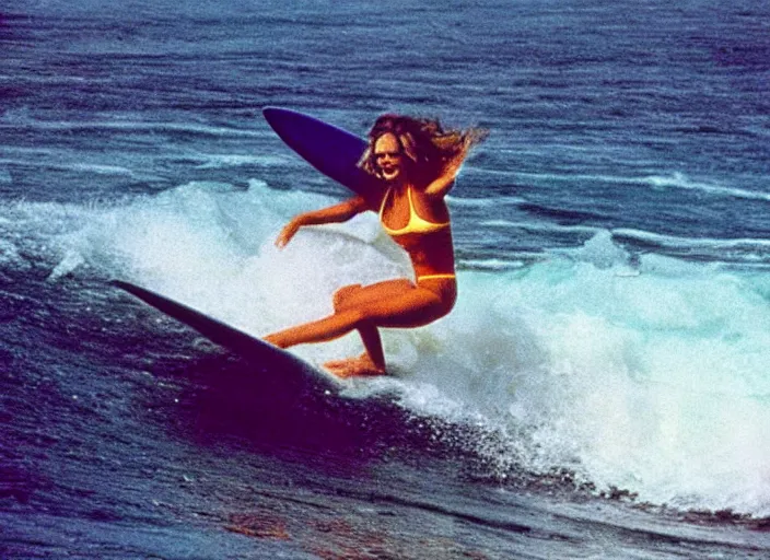 Image similar to color photo. surfer girl riding a big wave in the 8 0's. shark in the water