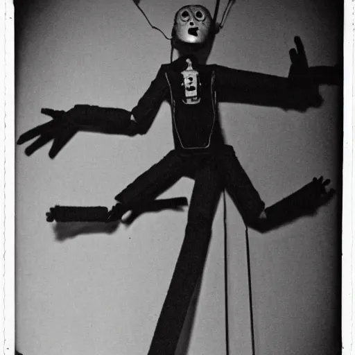 Prompt: female alive, creepy marionette puppet, leaping towards viewer, horrific, unnerving, clockwork horror, pediophobia, lost photograph, dark, forgotten, final photo found before disaster, polaroid,