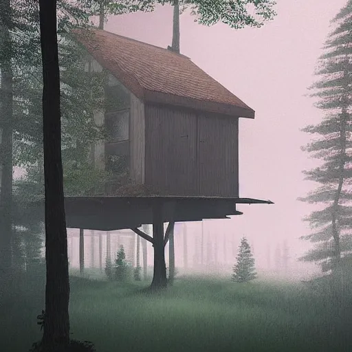 Image similar to “ swedish cabin in the forest next to the lake by simon stalenhag, misty morning, cinematic ”