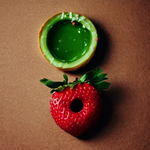 Prompt: Perfectly circular!!!!!! donut!!!!! in the shape!!!!!! of a strawberry!!!!!!, trending on artstation, 4k, 8k, professional photography, overhead shot, 35mm lens