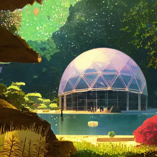 Image similar to geodesic dome in front of a lake with gardens and waterfall gapmoe kuudere moody lighting stunning bokeh highlights sharp contrast trending pixiv fanbox by victo ngai makoto shinkai takashi takeuchi studio ghibli