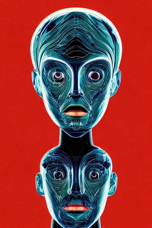 Image similar to portrait of a organic cyborg head wrapped in plastic by pixar, centered, symmetrical, bilateral symmetry, 80s poster, polished, retro dark vintage sci-fi, 2D matte illustration