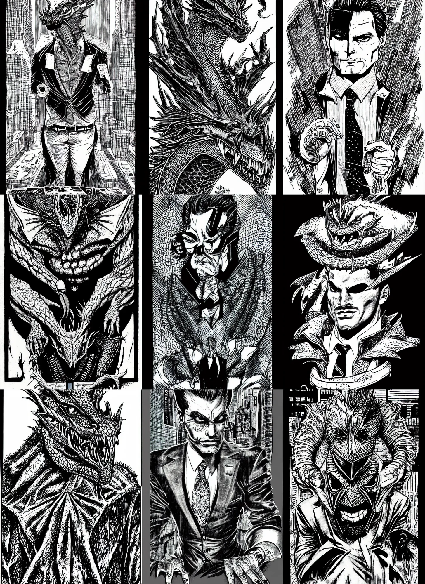 Prompt: anthropomorphic art of a businessman dragon, green dragon, portrait, 1 9 8 0 s business fashion, cyberpunk 2 0 2 0 manual, by steampoweredmikej, by tim bradstreet, inktober, ink drawing, black and white, coloring pages, manga, highly detailed