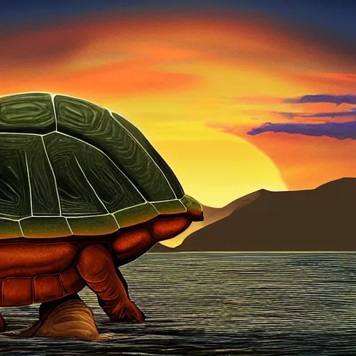 Prompt: giant tortoise coming out of the sea between the mountains, sunset, it carries a small house on its shell, digital art