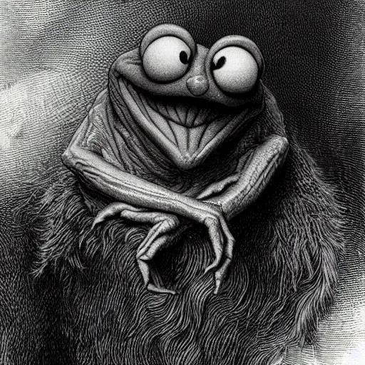 Image similar to portrait of Kermit the Frog, close up, realistic, very realistic, detailed, dramatic light, illustration by Gustave Doré